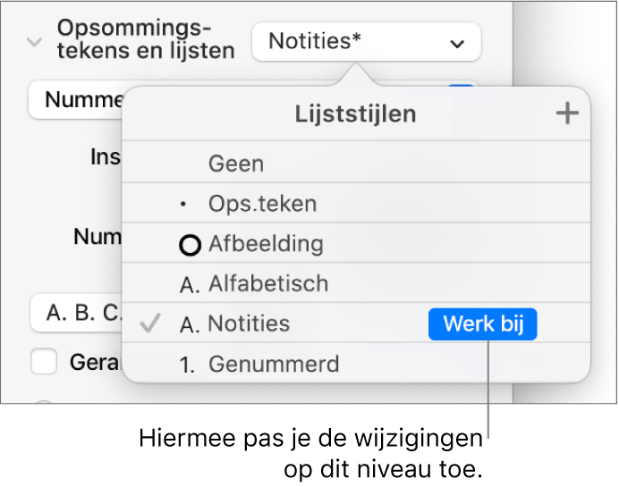 Het venstermenu 'Lijststijlen' met een knop 'Werk bij' naast de naam van de nieuwe stijl.