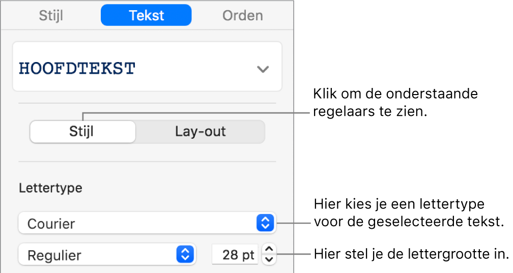 Tekstregelaars in het gedeelte 'Stijl' van de navigatiekolom voor het instellen van het lettertype en de lettergrootte.