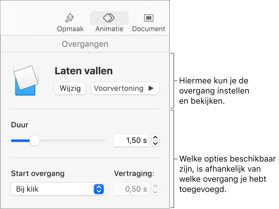 Overgangsregelaars in het gedeelte 'Overgangen' van de navigatiekolom.