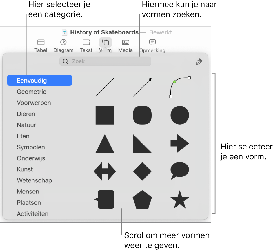 De vormenbibliotheek met links een lijst met categorieën en rechts vormen. Je kunt het zoekveld bovenaan gebruiken om vormen te zoeken. Scrol om meer opties weer te geven.