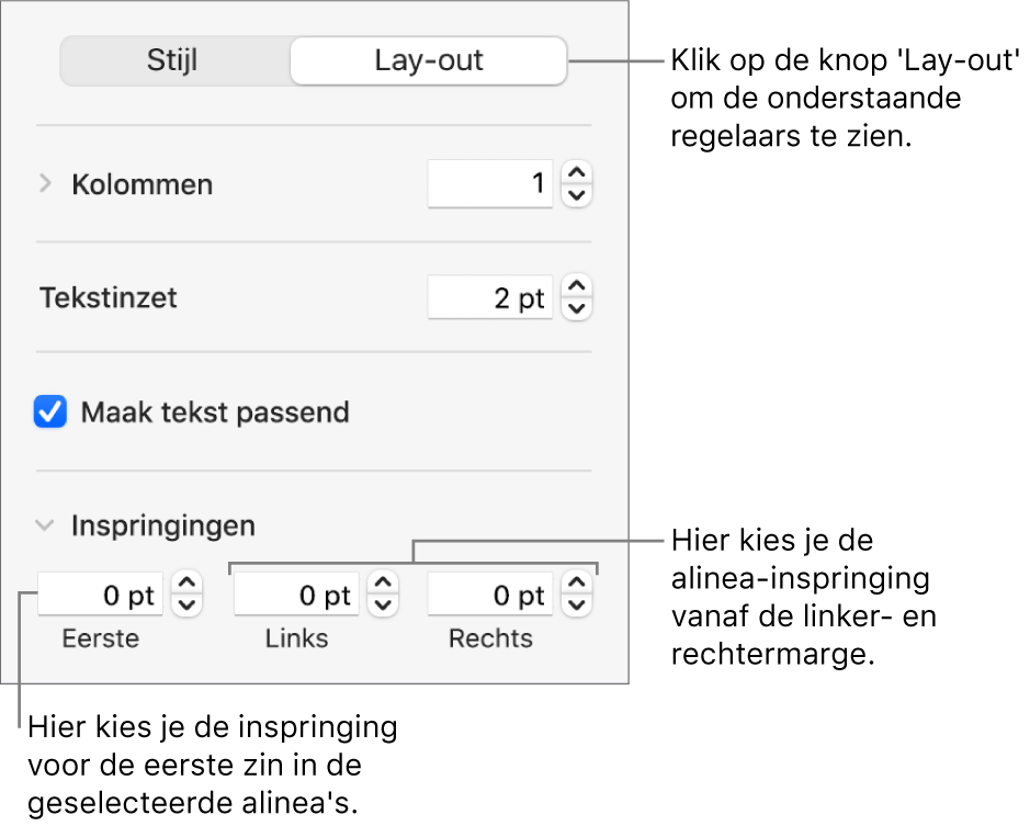 Het gedeelte 'Lay-out' van de navigatiekolom 'Opmaak' met regelaars voor het instellen van het inspringniveau van de eerste regel en de alineamarges.