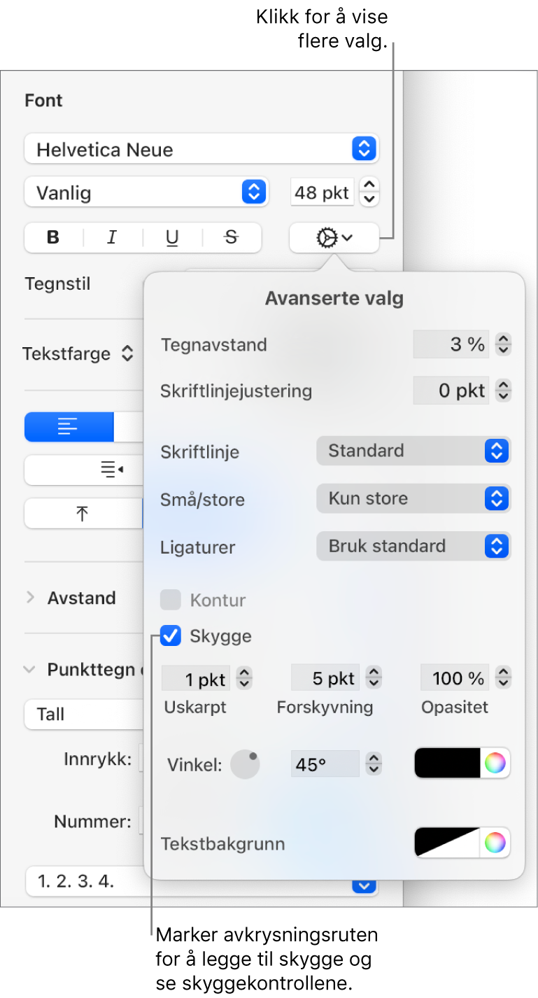 Avanserte valg åpnes med Skygge-avkrysningsruten markert og viser kontroller for å angi innstillinger for skarphet, forskyvning, opasitet, vinkel og farge.