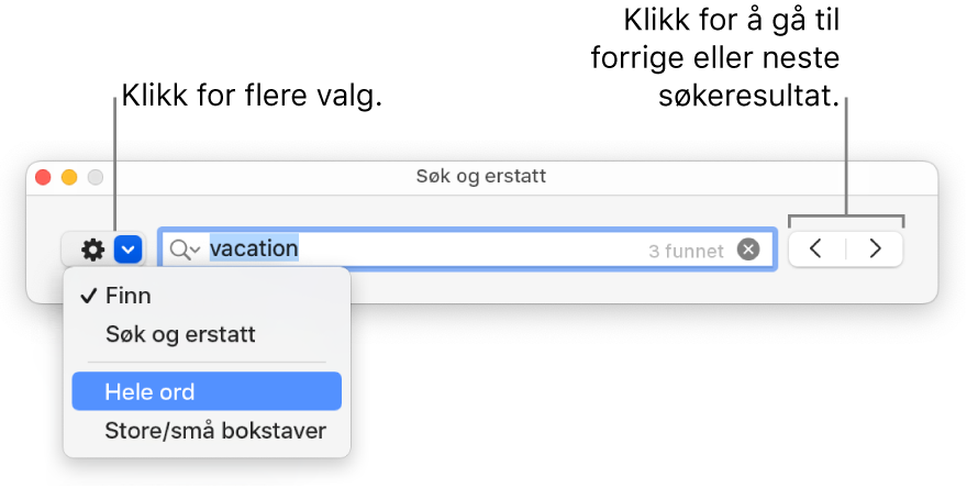 Søk og erstatt-vinduet, med lokalmenyen viser alternativer for Finn, Søk og erstatt, Hele ord og Store/små bokstaver. Pilene til høyre lar deg hoppe til forrige eller neste søkeresultat.