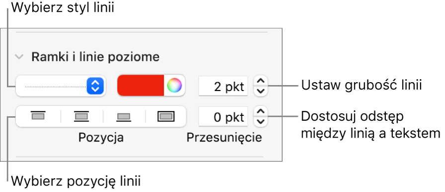 Narzędzia zmieniania stylu, grubości, pozycji i koloru linii.