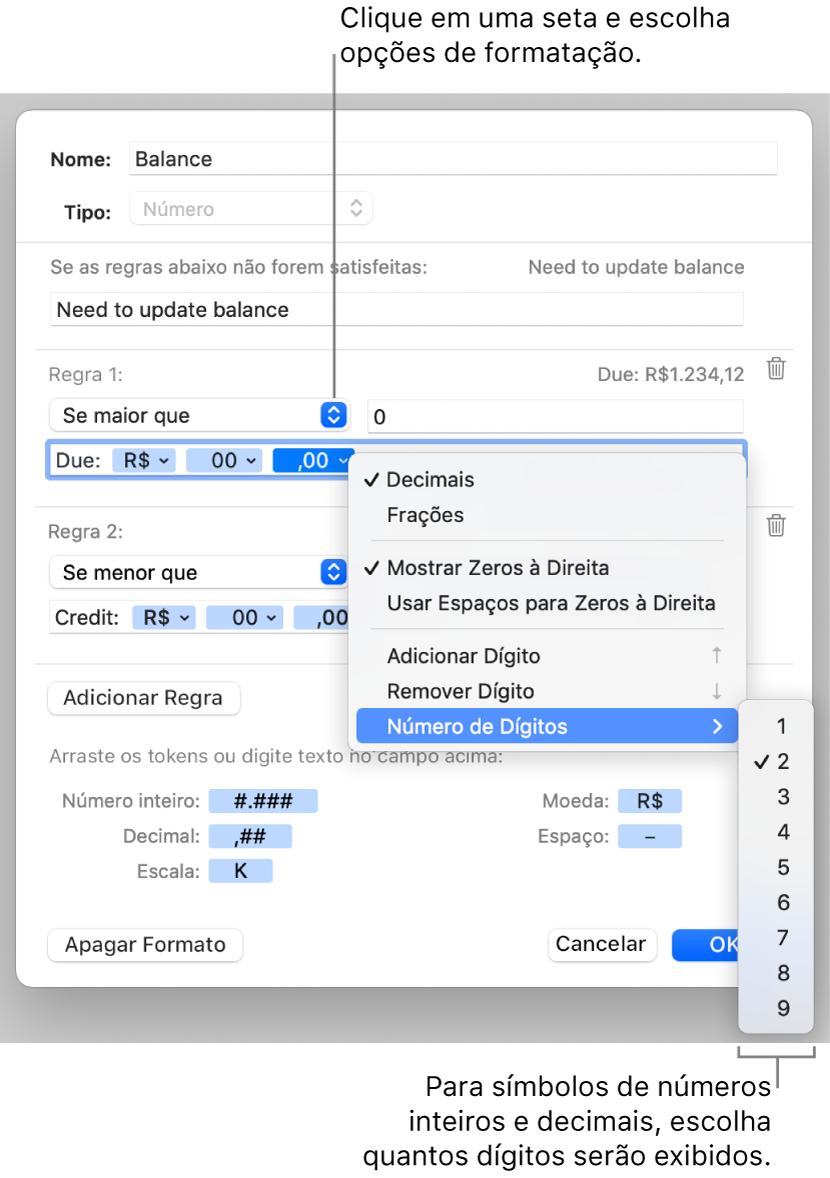 Janela de formato personalizado de célula, com controles para criar um formato de número personalizado.