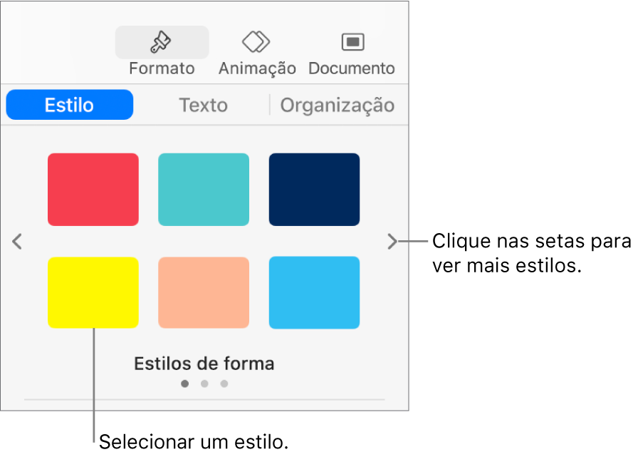 O separador Estilo da barra lateral Formato com seis estilos de objeto e setas de navegação à esquerda e à direita.