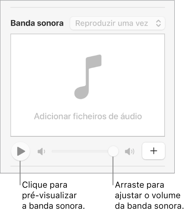 Os controlos de banda sonora com uma chamada para o botão Reproduzir e para o nivelador de volume.