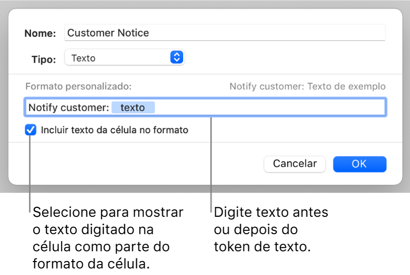 Formato de célula de texto personalizada.