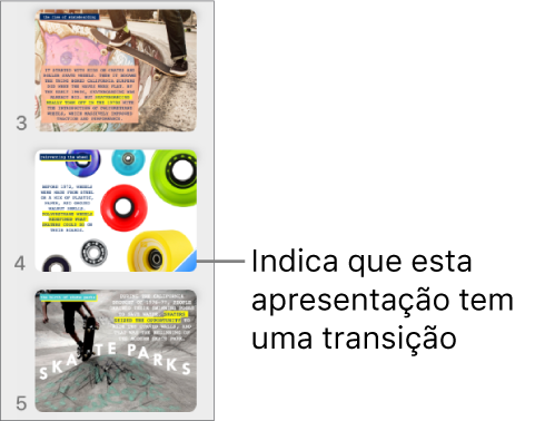 Um triângulo azul sobre um diapositivo indica que o dispositivo tem uma transição.