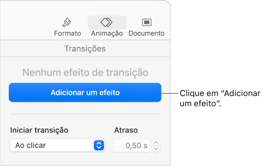 Botão Adicionar um efeito na secção Animar da barra lateral.