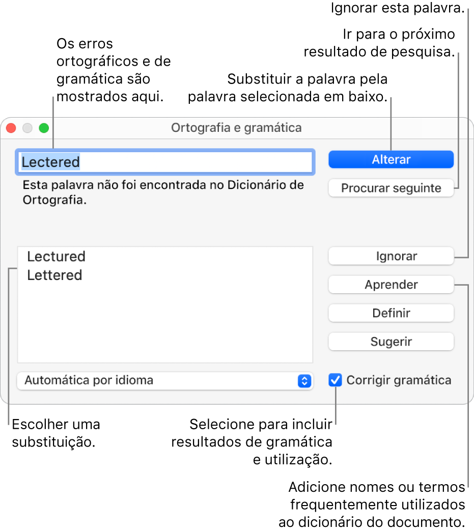 A janela “Ortografia e gramática”.