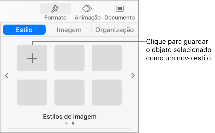 O separador Estilo da barra lateral Formato com um estilo de caixa de texto, um botão Criar estilo à direita dele e quatro marcadores de posição de estilo vazios.