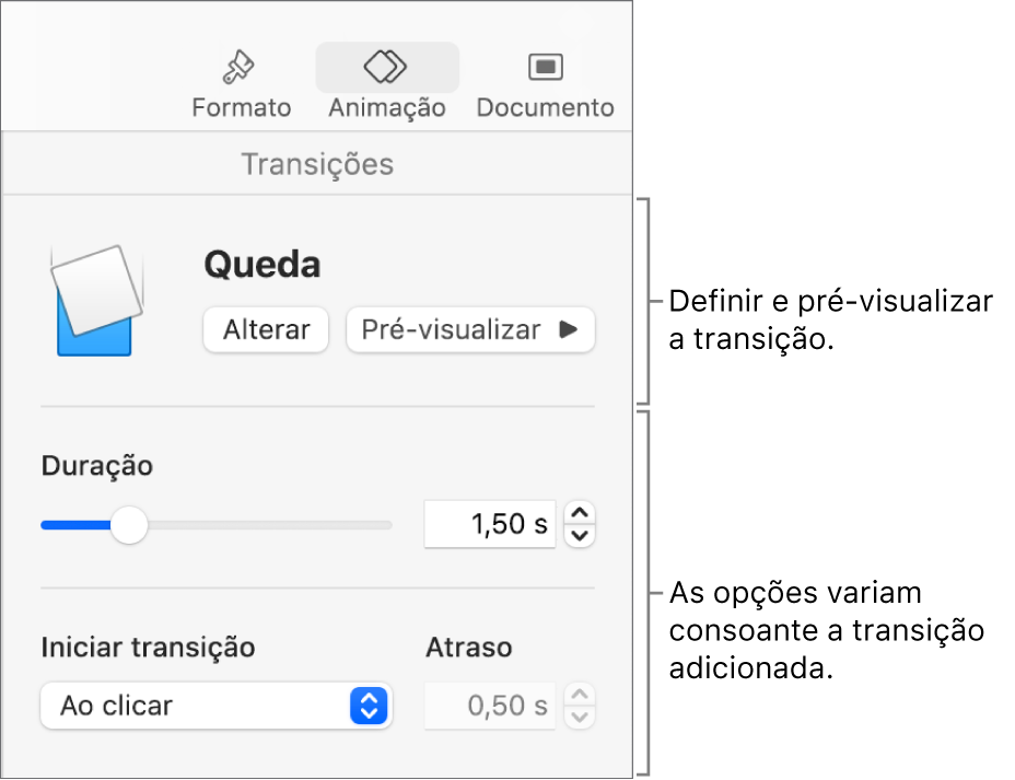 Controlos de transição na secção Transições da barra lateral.