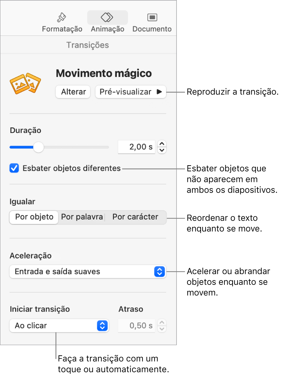 Controlos da transição “Movimento mágico” na secção Transições da barra lateral Animação.