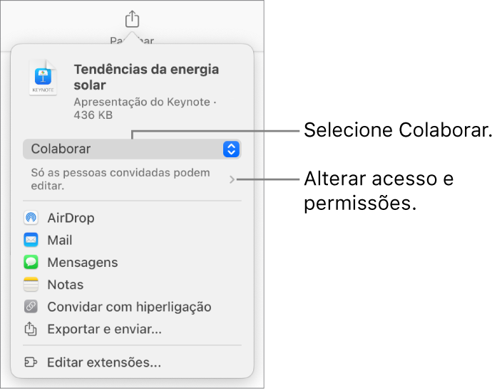 O menu Partilha com “Colaboração” selecionada na parte superior e as definições de acesso e permissão por baixo.