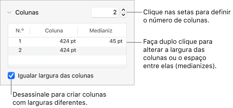 Os controlos na secção colunas para alterar o número de colunas e a largura de cada coluna.