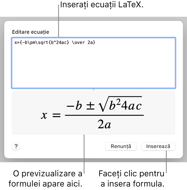 Formula cuadratică scrisă utilizând LaTeX în câmpul Ecuație și o previzualizare a formulei dedesubt.