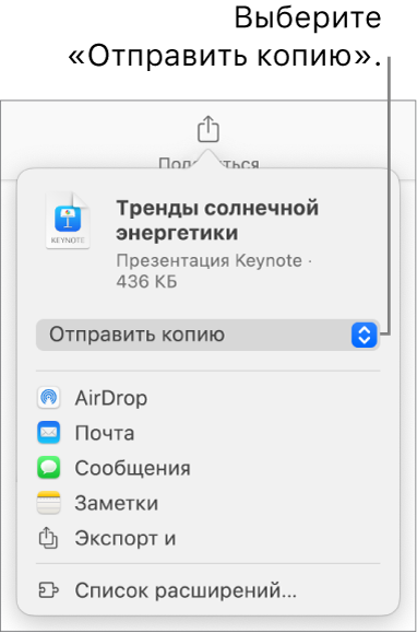 В верхней части меню «Поделиться» выбран параметр «Отправить копию».
