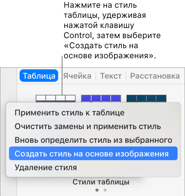 Контекстное меню стиля таблицы.