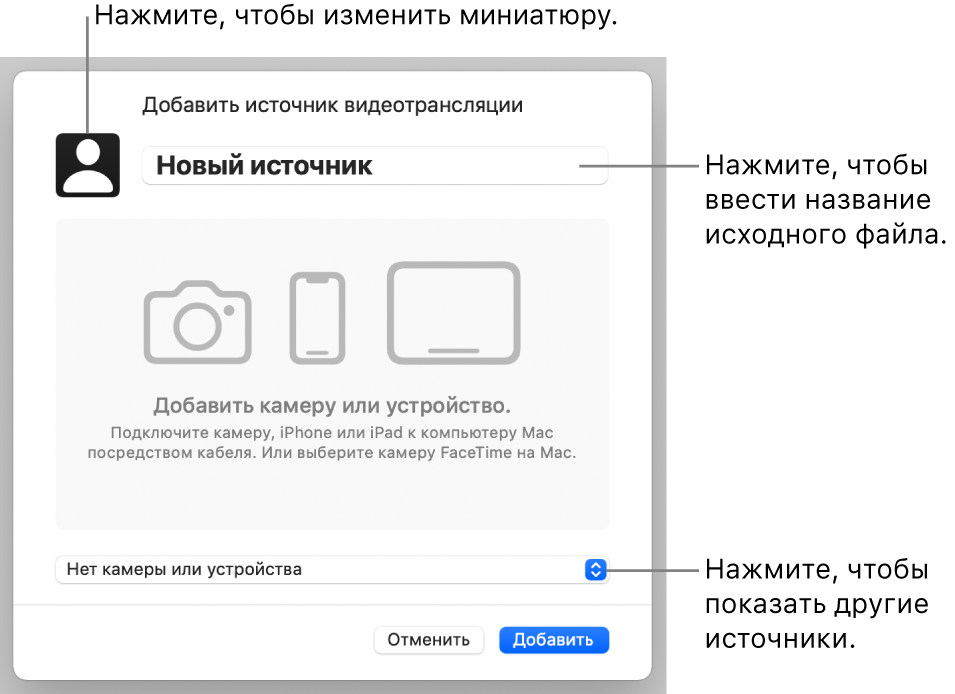 Окно «Добавить источник видеотрансляции». Элементы управления для изменения названия и миниатюры источника находятся вверху, для выбора других источников — внизу.