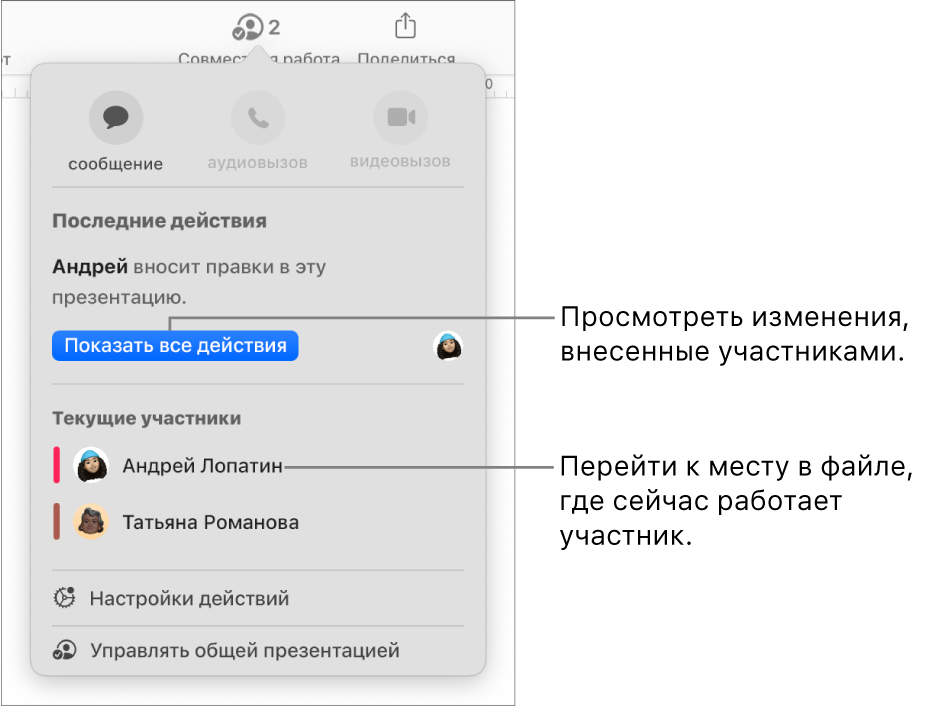 В меню совместной работы показаны двое активных участников.