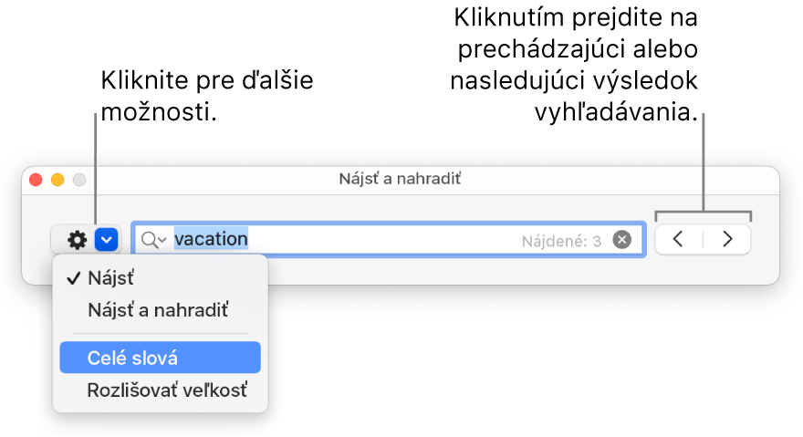 Okno Nájsť a nahradiť s vyskakovacím menu zobrazujúcim možností Hľadať, Hľadať a nahradiť, Celé slová a Rozlišovať veľkosť. Šípky napravo umožňujú preskočiť na predchádzajúce alebo ďalšie výsledky vyhľadávania.