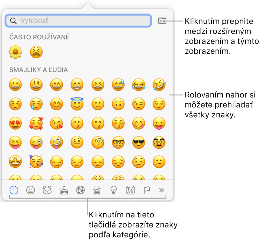 Vyskakovacie okno Špeciálne znaky obsahujúce emotikony, tlačidlá rôznych typov symbolov v dolnej časti a výzvu pre tlačidlo na zobrazenie celého okna Znaky.