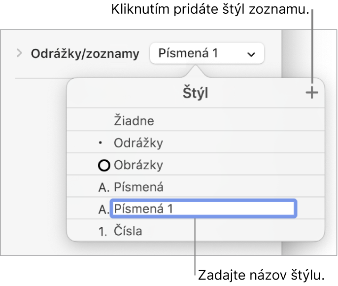 Vyskakovacie menu Štýly zoznamu s tlačidlom Pridať v pravom hornom rohu a názvom vzorového štýlu s označeným textom.