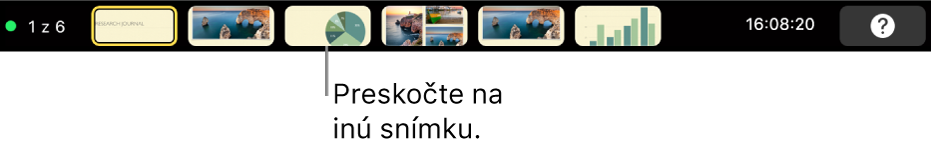 Touch Bar na MacBooku Pro, na ktorom sa zobrazujú ovládacie prvky na ukončenie prezentácie, prechod na rôzne snímky alebo prepnutie displeja prezentátora.