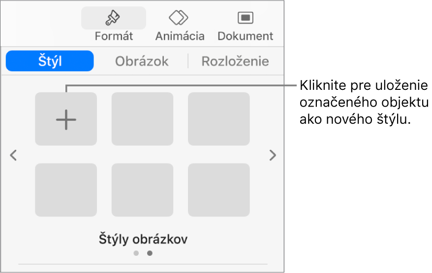 Záložka Štýl postranného panela Formát s jedným štýlom textového poľa, tlačidlom Vytvoriť štýl napravo od neho a štyrmi prázdnymi kontajnermi štýlu.