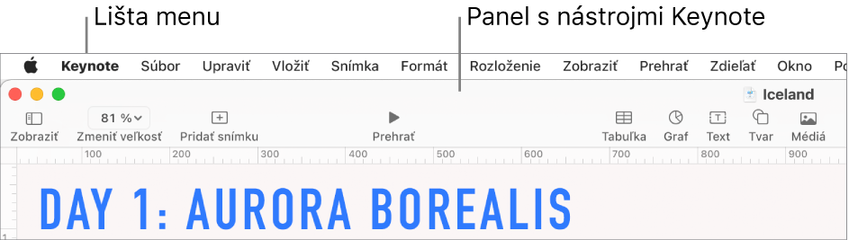 Menu lišta v hornej časti obrazovky s Apple, Keynote, Súbor, Upraviť, Vložiť, Formátovať, Usporiadať, Zobraziť, Zdieľať, Okno a Pomocník menu. Pod lištou je otvorená prezentácia Keynote s tlačidlami panela s nástrojmi v hornej časti pre funkcie Zobraziť, Zmeniť veľkosť, Pridať snímku, Prehrať, Keynote Live, Tabuľka, Graf, Text, Tvar, Médiá a Komentár.