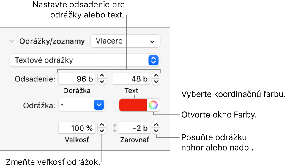 Časť Odrážky a zoznamy s bublinami popisujúcimi ovládacie prvky pre odsadenie odrážky a textu, farbu odrážky, veľkosť odrážky a zarovnanie.