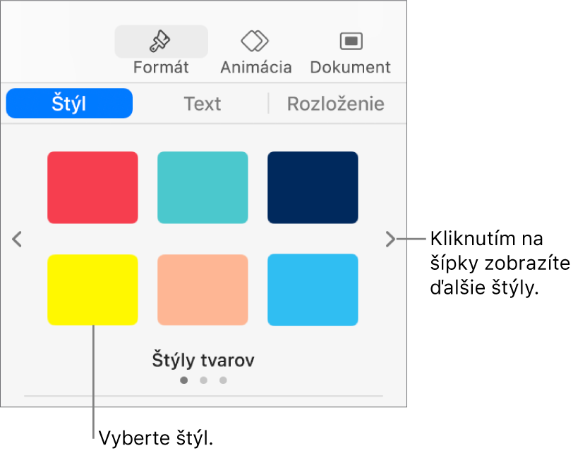 Záložka Štýl postranného panela Formát so šiestimi štýlmi objektov a šípkami navigácie naľavo a napravo od nich.