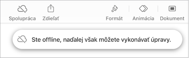 Tlačidlá v hornej časti obrazovky s tlačidlom Spolupráca zmeneným na obláčik s diagonálnou čiarou. Upozornenie na obrazovke s oznámením Ste offline, ale naďalej môžete upravovať.