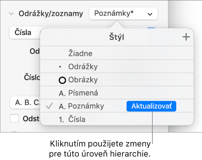 Vyskakovacie menu Štýly zoznamu s tlačidlom Aktualizovať vedľa názvu nového štýlu.