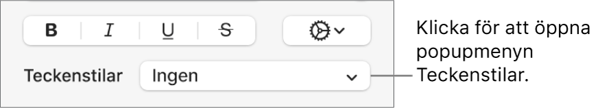Popupmenyn Teckenstilar under reglage för att ändra textens stil och färg.