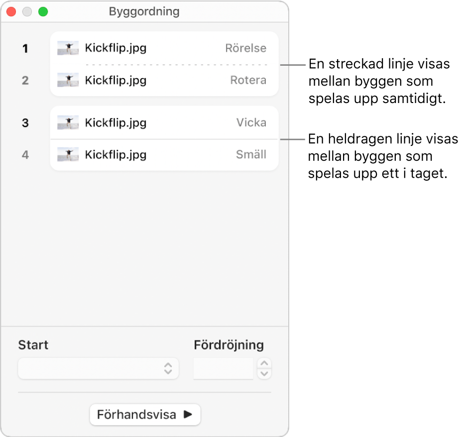 Menyn Byggordning med en streckad linje som visas mellan byggen som spelas upp samtidigt och en hel linje mellan byggen som spelas upp ett i taget.