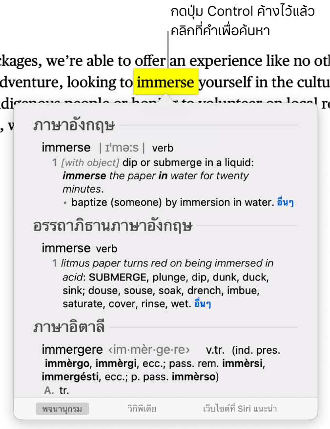 ข้อความที่มีคำที่ไฮไลท์อยู่และหน้าต่างที่กำลังแสดงคำจำกัดความของคำดังกล่าวพร้อมกับรายการอรรถาภิธาน ปุ่มสองปุ่มที่ด้านล่างสุดของหน้าต่างคือลิงก์ไปที่พจนานุกรมและวิกิพีเดีย