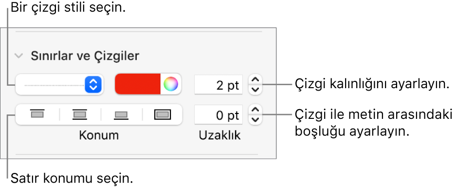 Çizgi stilini, kalınlığını, konumunu ve rengini değiştirmeye yönelik denetimler.