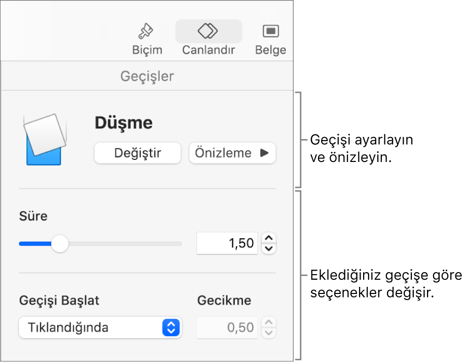 Kenar çubuğunun Geçişler bölümündeki geçiş denetimleri.