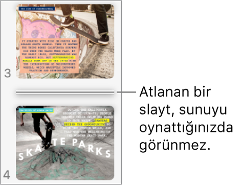 Yatay bir çizgiyle gösterilen atlanmış bir slaytı bulunan slayt kılavuzu.