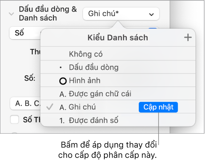 Menu bật lên Kiểu danh sách có nút Cập nhật bên cạnh tên của kiểu mới.