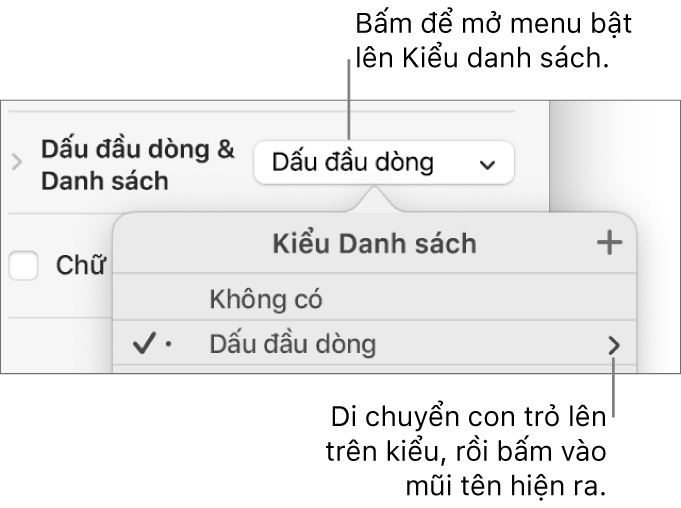 Menu bật lên Kiểu danh sách với một kiểu được chọn và một mũi tên ở phía xa bên phải.