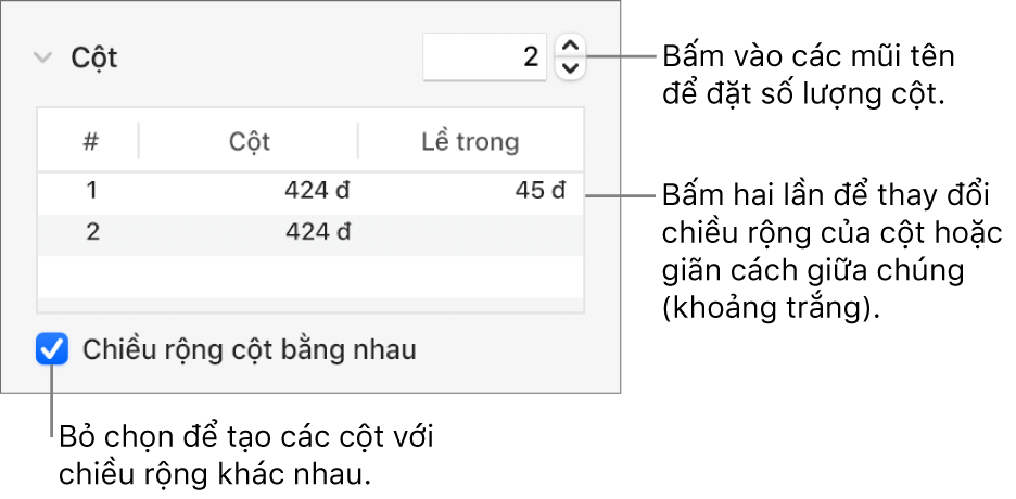 Các điều khiển trong phần cột để thay đổi số lượng cột và chiều rộng của từng cột.