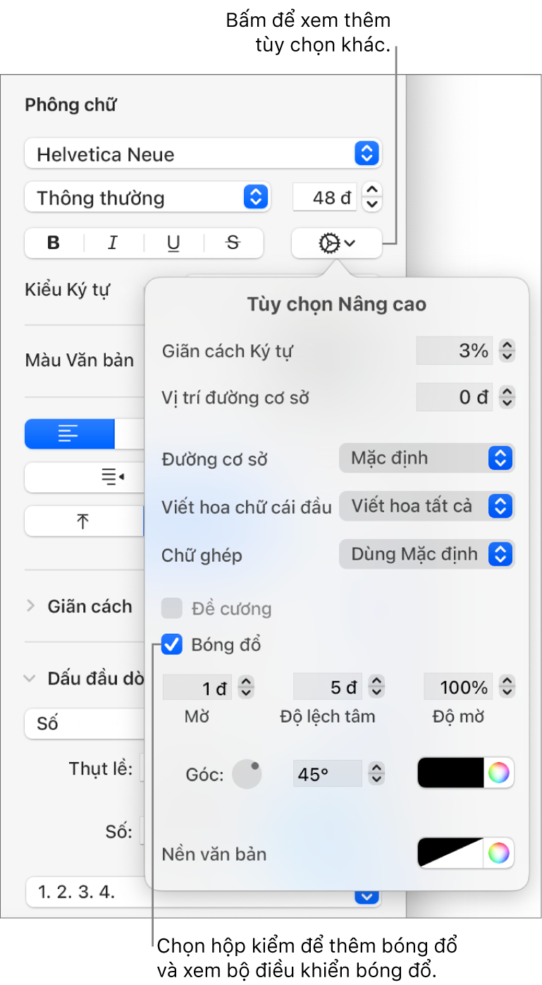 Tùy chọn nâng cao mở với hộp kiểm Bóng đổ được chọn và các điều khiển để đặt độ mờ, độ bù, độ chắn sáng, góc và màu.