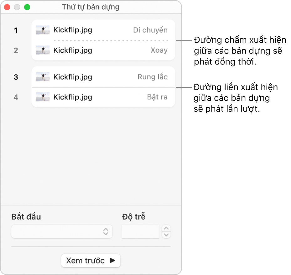 Menu Thứ tự dựng, với đường nét chấm đang xuất hiện giữa các bản dựng phát đồng thời và đường nét liền giữa các bản dựng sẽ phát lần lượt.