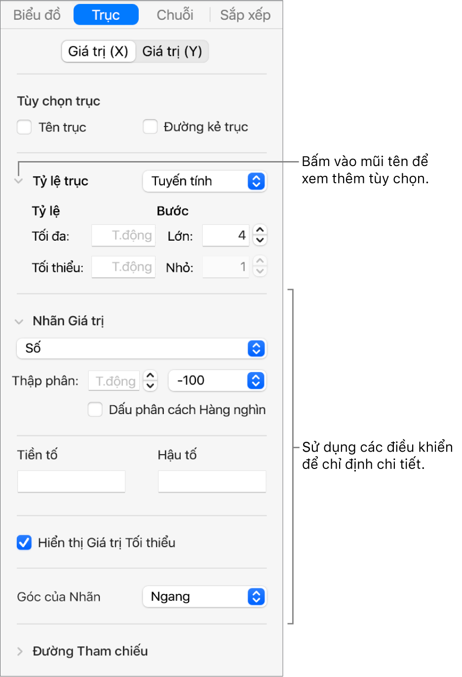 Điều khiển để định dạng các dấu mốc trục của biểu đồ.