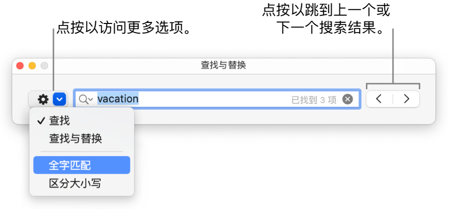 “查找与替换”窗口，其中的弹出式菜单显示“查找”、“查找与替换”、“全字匹配”和“区分大小写”的选项。右侧的箭头可让你跳到上一个或下一个搜索结果。