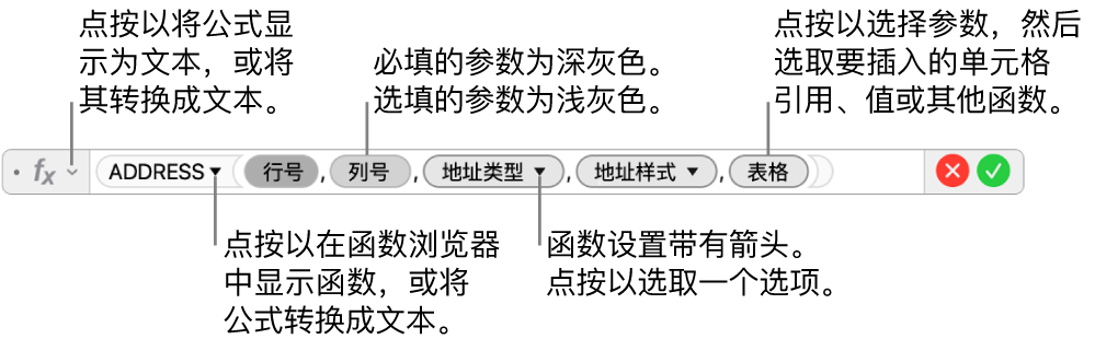 显示 ADDRESS 函数及其参数令牌的公式编辑器。