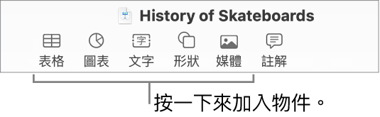 Keynote 工具列顯示用於加入物件到幻燈片的按鈕。
